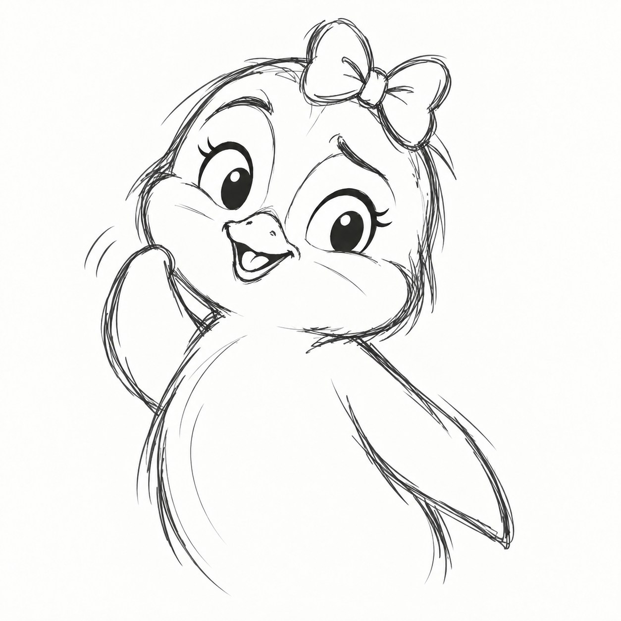 Sketch of a Penguin Match penguin with a bow raising a flipper to wave