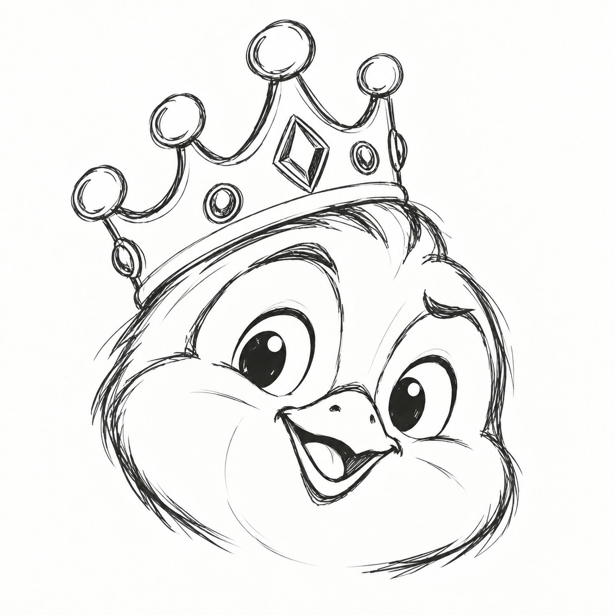 Close-up sketch of a smiling Penguin Match penguin wearing a large crown
