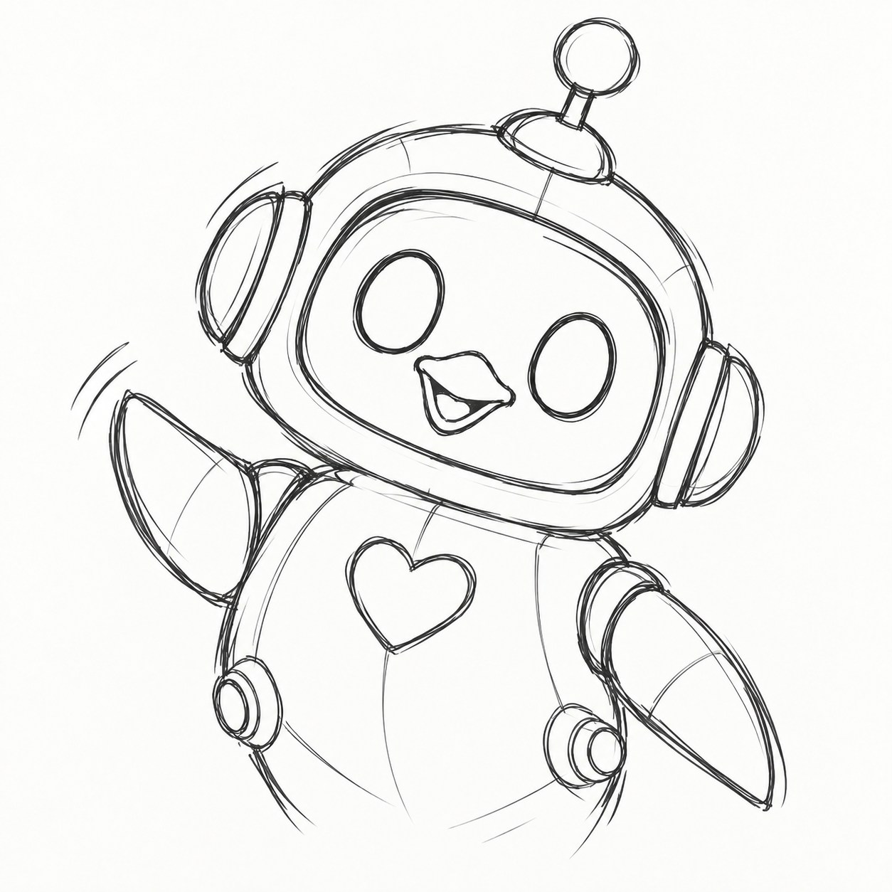 Black-and-white sketch of a Penguin Match robot penguin with an antenna and a heart on its chest
