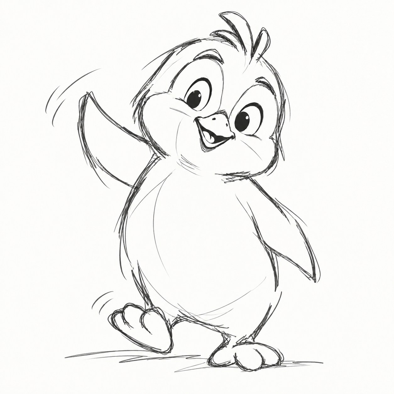 Black-and-white sketch of the smiling Penguin Match character waving a flipper