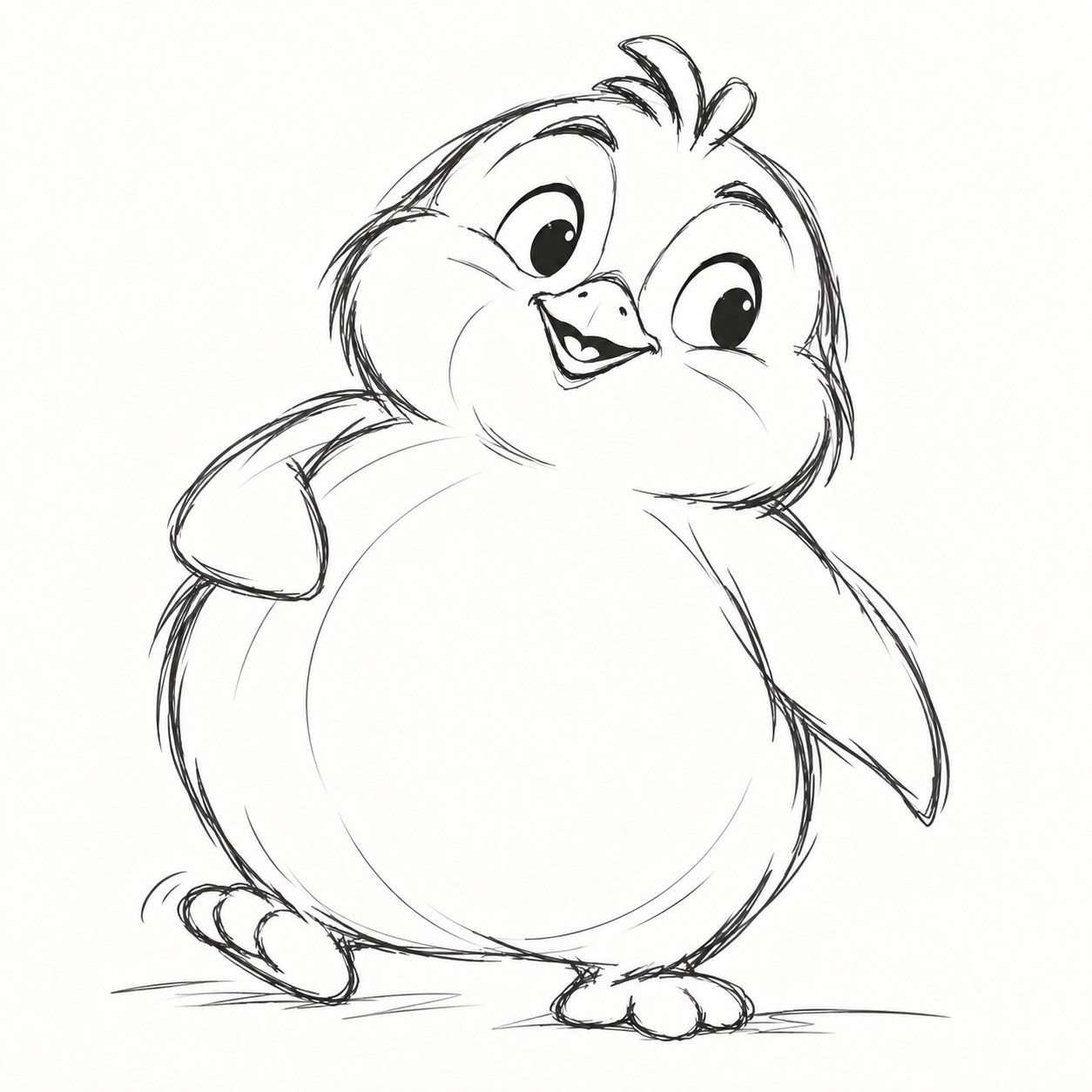 Full-body black-and-white sketch of a cheerful Penguin Match penguin taking a step