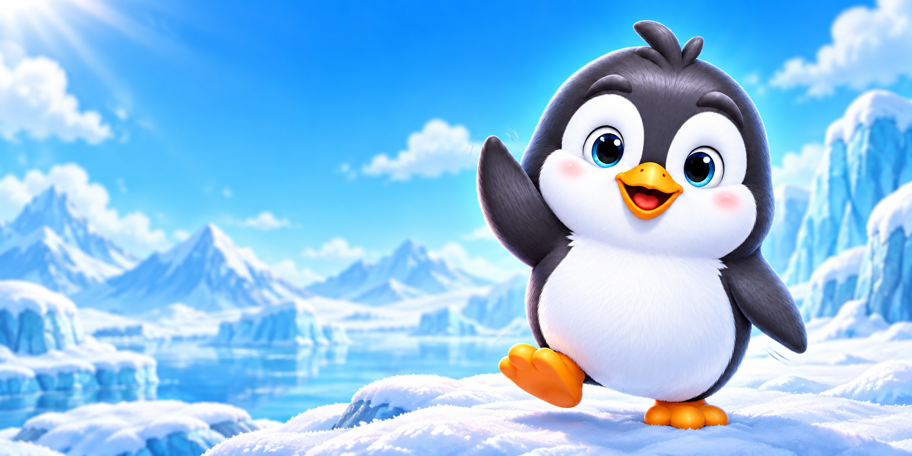 Our smiling penguin waving in a snowy blue landscape — promotional illustration